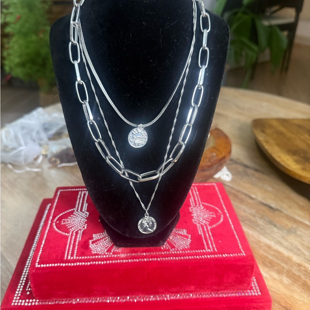 Elegant Silver Layered Necklace with coin pendants